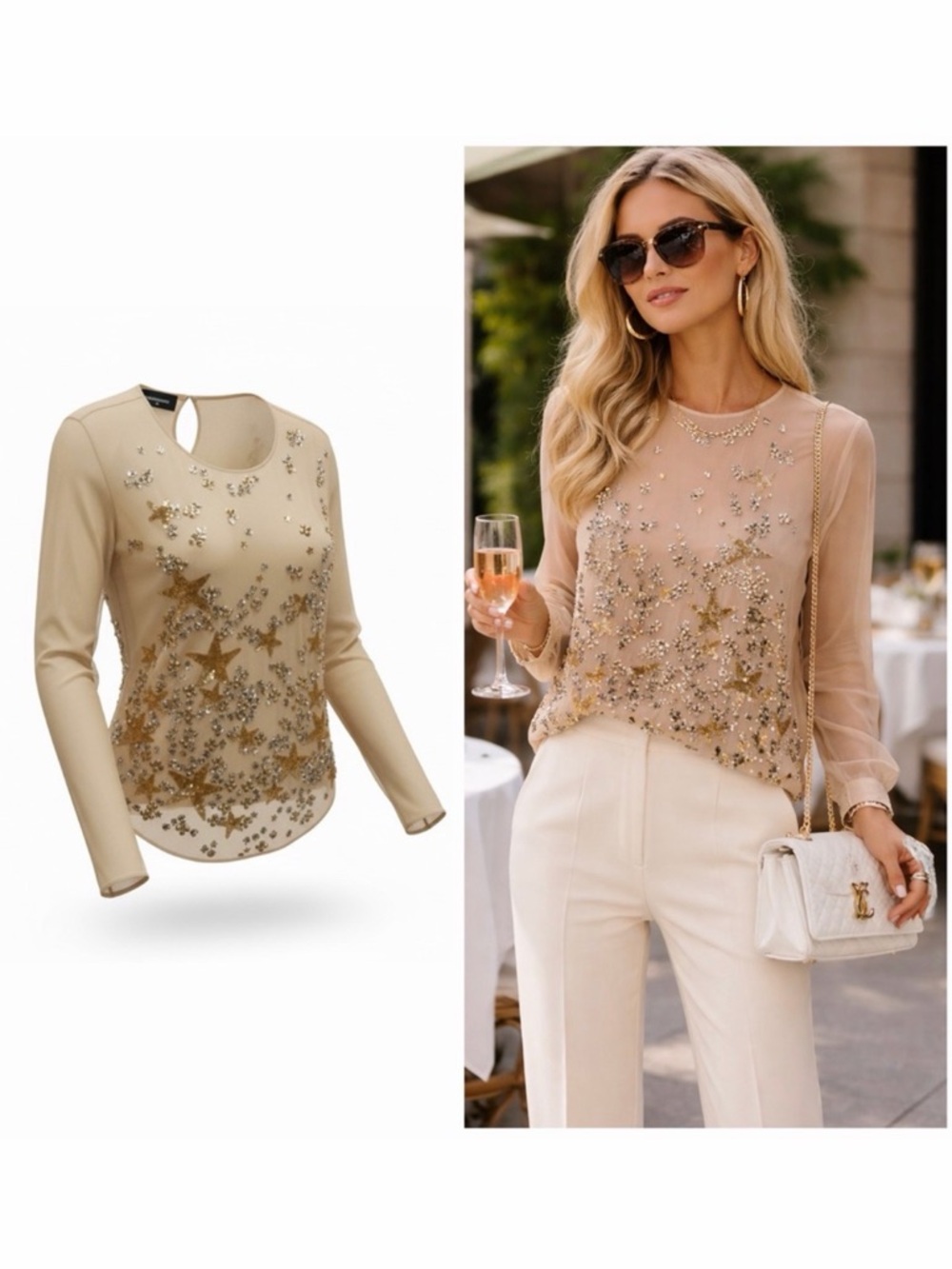Dsquared2 Tan Blouse Sheer Silk Star Sequin Embellished 2 Cocktail NWT 🟠